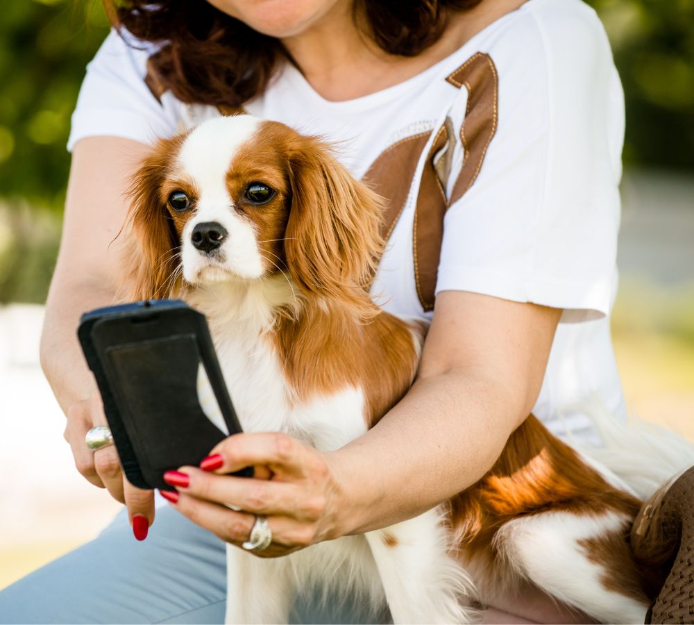 a women holding a dog